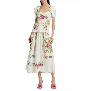 FARM Rio Tropical Romance Cut Out Maxi Dress White Floral Needlepoint Linen NEW